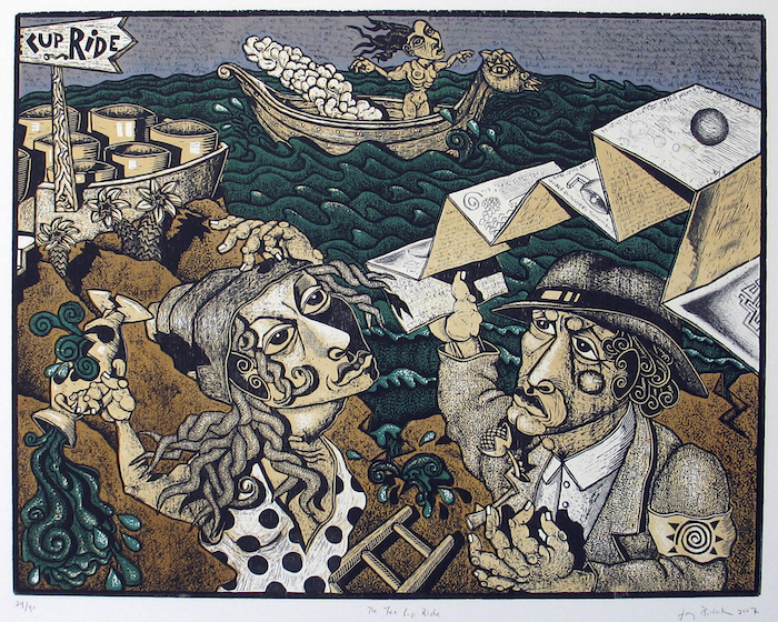 Jay Bolotin, The Teacup Ride 2006; color woodcut with lithograph on Rives BFK; image: 22 x 30 (55.88 x 76.20); edition of 30